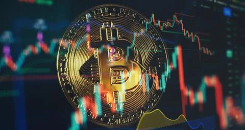 Virtual cryptocurrency concept. Bitcoin Cryptocurrency Coins. Stock Market Co Stock Photos
