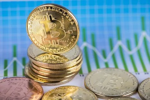 Virtual cryptocurrency concept, Bitcoin gold coin Stock Photos