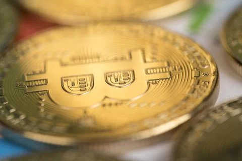 Virtual cryptocurrency concept, Bitcoin gold coin Stock Photos