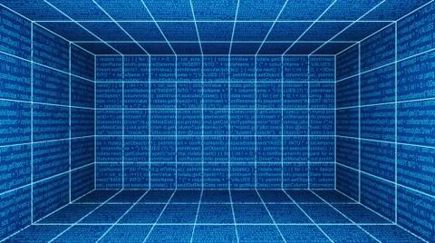 Virtual cyber reality room, screen monitors with computer code in control roo Stock Illustration