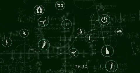Virtual dashboard displaying energy metrics on green backdrop, with energy and Stock Illustration