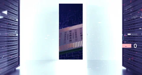 Virtual data processing in server room with glowing motherboard transition. Stock Footage 332283375