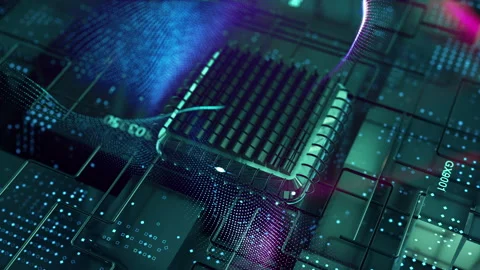 Virtual data transfer futuristic cyber computer technology CPU video Video stock 144998273