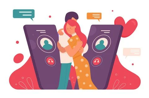 Virtual date of happy couple hugging, standing together, using mobile call app Stock Illustration