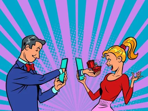 Virtual date, smartphone internet romance. a man gives a woman an engagement Illustrazione stock