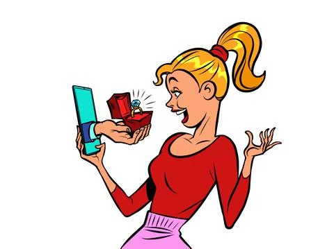 Virtual date, smartphone internet romance. a man gives a woman an engagement Stock Illustration