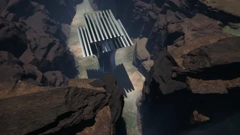 Virtual decrease flight into valley between mountains with an abstract building Stock Footage 169349057