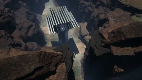 Virtual decrease flight into valley between mountains with an abstract building Stock Footage 169352073