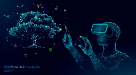 Virtual digital biotechnology tree engineering concept. 3D render VR helmet Stockillustratie