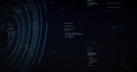 Virtual digital interface floating on dark grid, glowing C++ snippets moving Stock Footage 307443074