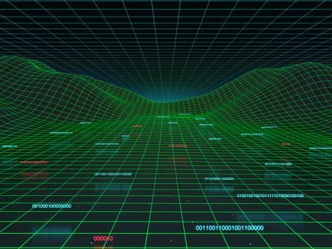 Virtual digital landscape. High technology concept, 3D render. Illustrazione stock