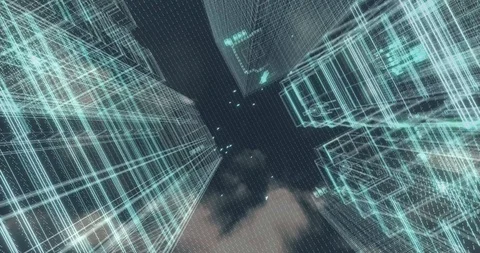 Virtual digital wire frame city forming to realistic. Buildings and birds flying Stock Footage 97784340