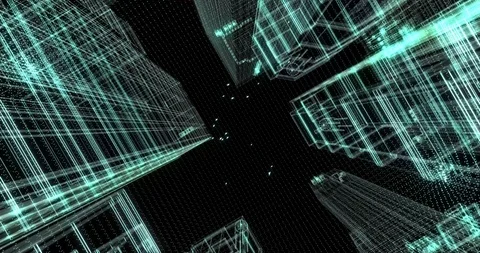 Virtual digital wire frame city forming. Buildings and birds flying above.  스톡 동영상 97784372