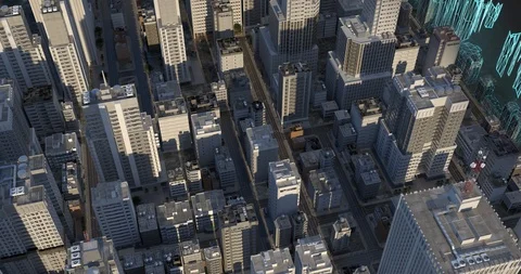Virtual digital wire frame city forming to realistic cityscape to deform. Aerial Stock Footage 104035998