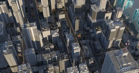 Virtual digital wire frame city forming to realistic cityscape to deform. Aerial Stock Footage 104036000