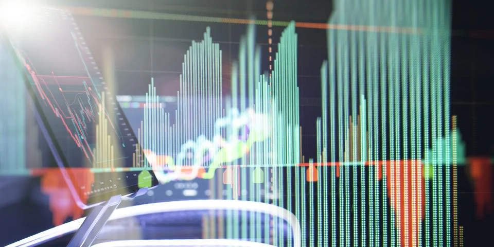 Virtual display of forex and cryptocurrency data analysis with bright neon ba Fotos de archivo