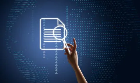 Virtual document and a hand with a magnifying glass. Concept of control Stock Photos