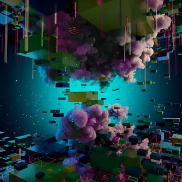 Virtual Dreamscape: Floating Geometry in Colorful Depths Stock Illustration