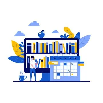 Virtual e-library concept with character. Digital bookshelves, online readi.. Stock Illustration