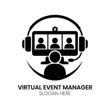 Virtual Event Manager Logo Design with Headphones and Screen Stock Illustration