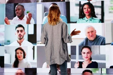 Virtual Event Speaker At Online Training Meeting: Live Virtual Workshop Confe Stock Photos