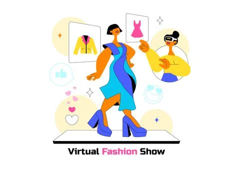Virtual Fashion Show Vector Illustration Featuring Online Runway Models, Di.. Stock Illustration