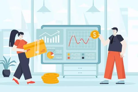 Virtual finance concept in flat design. Financial accounting on website scene Stock Illustration