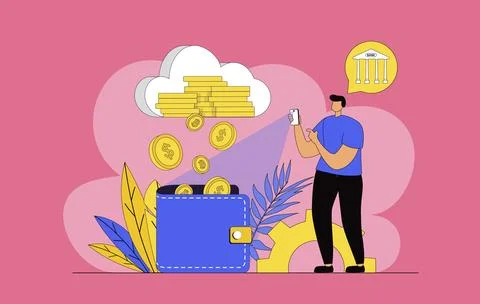 Virtual finance concept with modern flat design for web. Man manages personal Stock Illustration