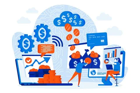 Virtual finance web design concept with people characters. Online financial m Stock Illustration