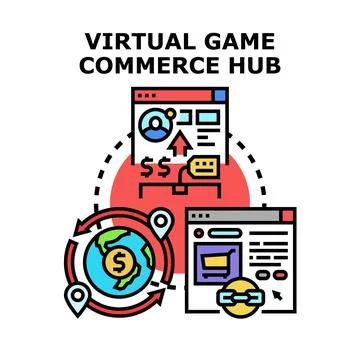 Virtual game commerce hub connecting global digital trade Stock Illustration