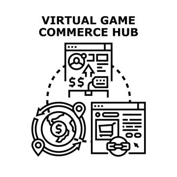 Virtual game commerce hub connecting global digital trade Stock Illustration