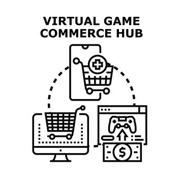 Virtual game commerce hub connecting digital marketplaces Stock Illustration
