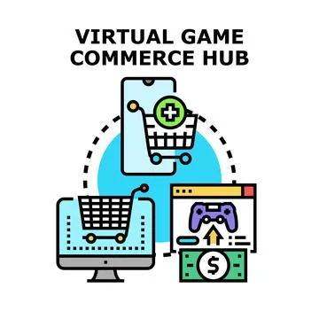 Virtual game commerce hub connecting digital marketplaces Stock Illustration