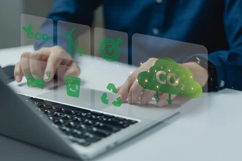 Virtual Global with CO2 reducing icon for concept of decrease carbon dioxid.. Stock Photos