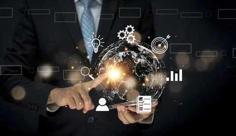 Virtual Global Internet connection metaverse concept, Businessman using mobil Stock Photos