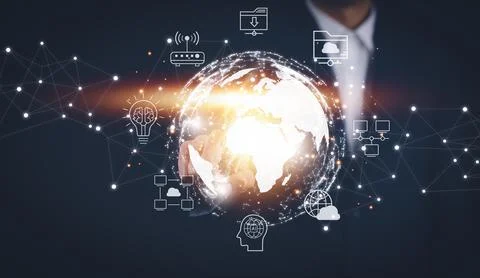 Virtual Global Internet connection metaverse concept, Businessman using mobil Stock Photos