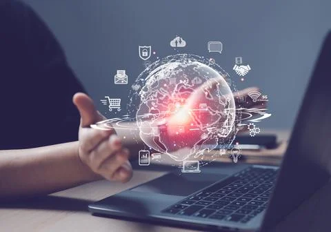 Virtual global Internet connection metaverse in hand woman. Stock Photos