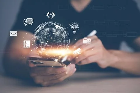 Virtual Global Internet connection metaverse concept, Businessman using mobil Stock Photos