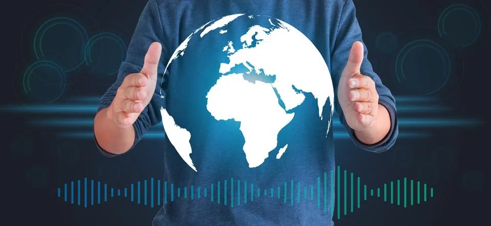 The virtual globe was between the man's hands. Innovation technology develo.. Stock Photos