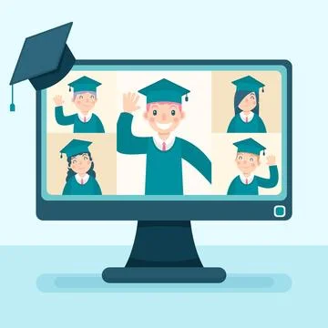 Virtual graduation ceremony with computer Stock Illustration