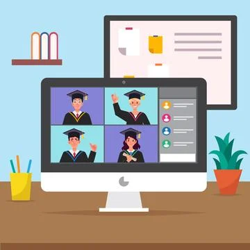 Virtual graduation ceremony with computer Illustrazione stock