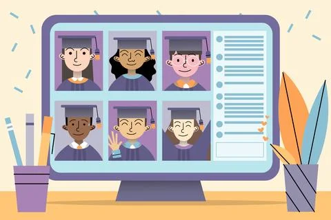Virtual graduation ceremony with students and computer Illustrazione stock