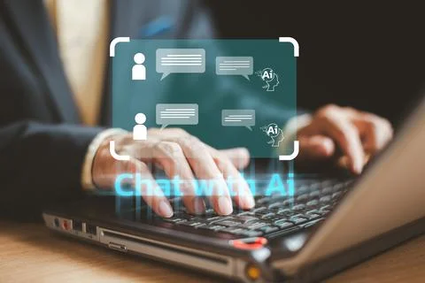 Virtual graphic Global Internet Chat with AI. Ai tech Chat bot for customer.  Stock Photos