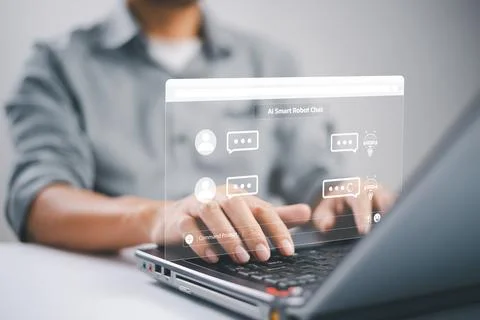 Virtual graphic Global Internet Chat with AI. Ai tech Chat bot for customer.  Stock Photos