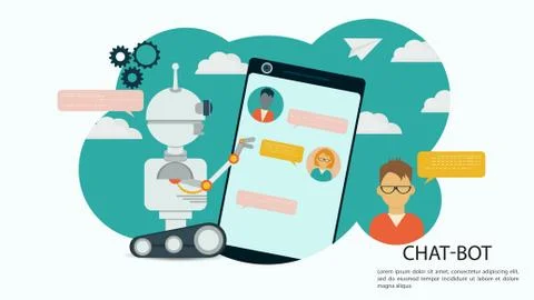 Virtual Help Chatbot banner clicks on phone on blue background among clouds f Stock Illustration