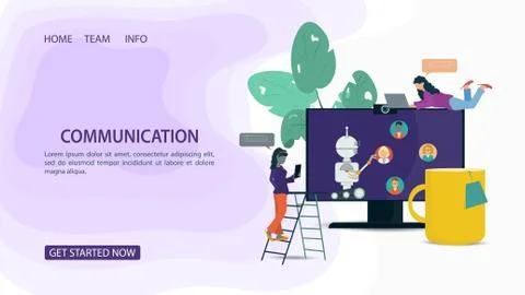 Virtual Help Chatbot banner clicks on phone on blue background among clouds f Stock Illustration