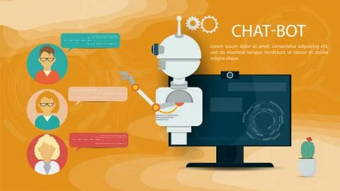 Virtual Help Chatbot banner communicates with users on a yellow background Fo Stock Illustration