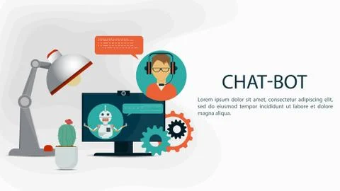 Virtual Help Chatbot banner on computer monitor next to table lamp For Websit Stock Illustration