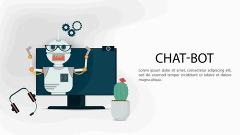 Virtual Help Chatbot banner with glasses on a monitor on a white background F Stock Illustration