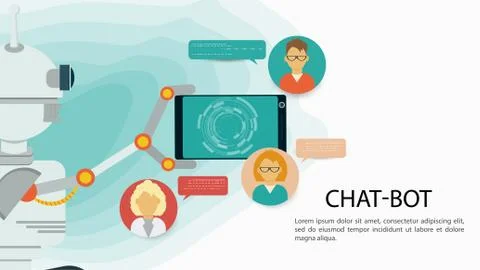 Virtual Help Chatbot banner holding a phone with users in a mechanical hand F Stock Illustration